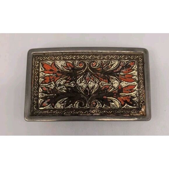 Vintage Belt Buckle Silver And Western Orange Design Rectangular - Picture 1 of 7